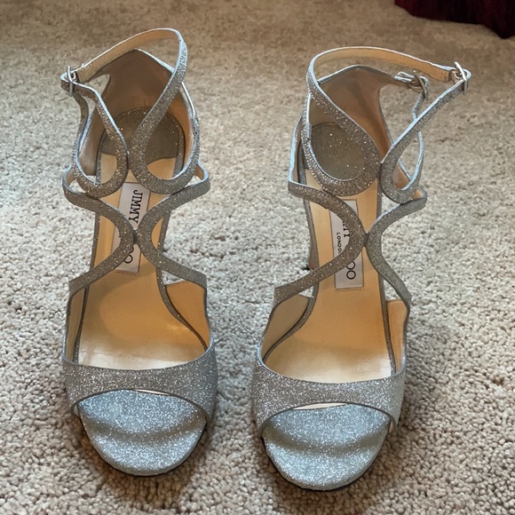 Jimmy Choo Silver Glitter Strappy High Heel Sandals - Picture 2 of 12